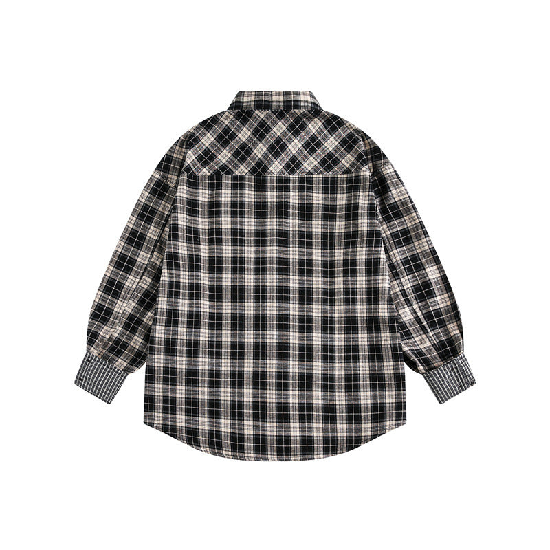 Unisex Oversize Hemdjacke im Karomuster mit asymmetrischer Brusttasche und Kontrastmanschetten Drune