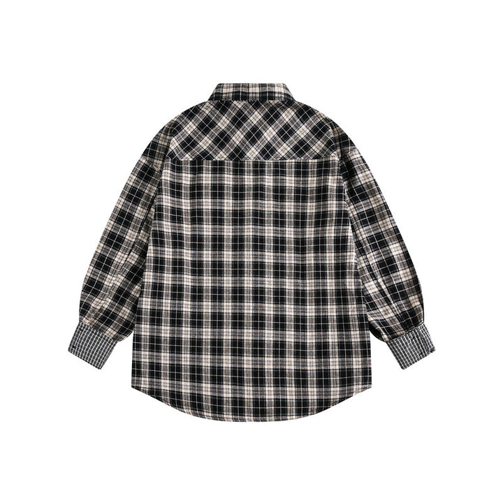 Unisex Oversize Hemdjacke im Karomuster mit asymmetrischer Brusttasche und Kontrastmanschetten Drune