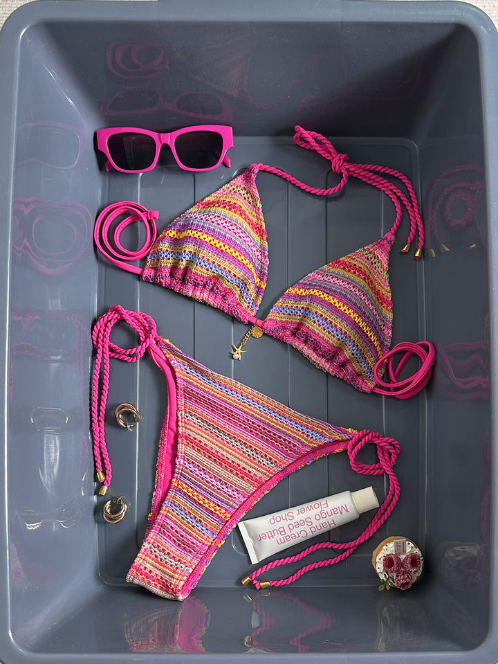Damen Geflochtener Triangel-Bikini mit buntem Häkelmuster Drune