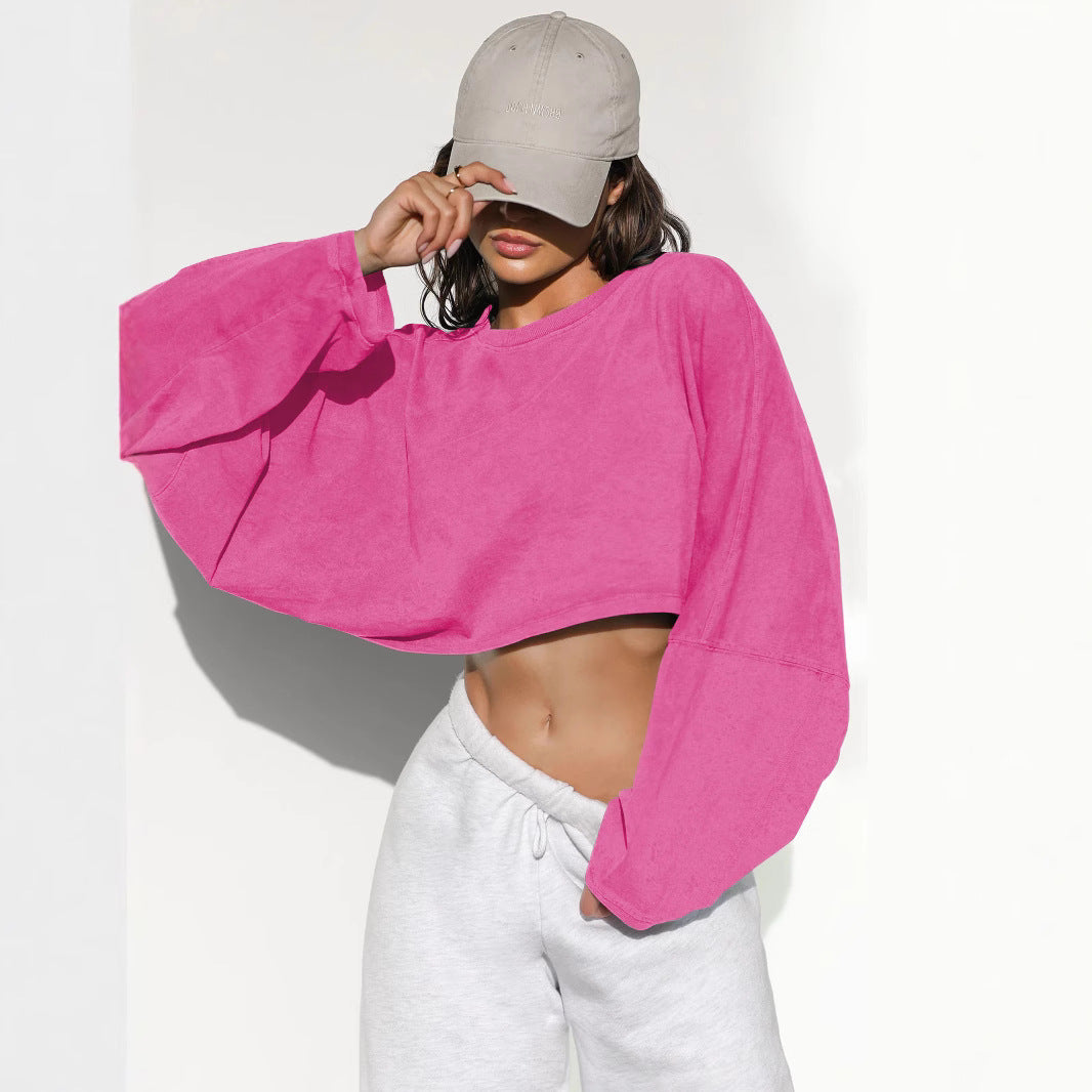 Damen lässiges Cropped Sweatshirt mit weitem Schnitt und Ballonärmeln Drune