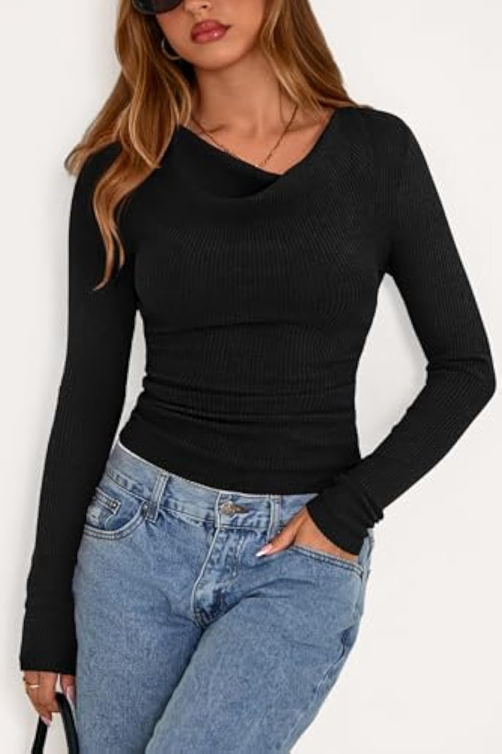 Damen Figurbetontes Feinripp-Longsleeve mit asymmetrischem Wasserfallkragen Drune