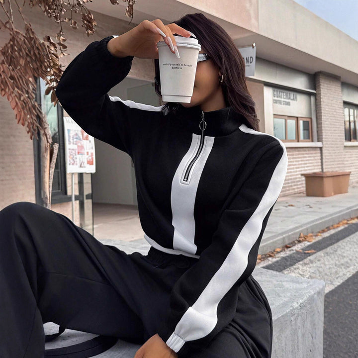 Damen kurzes Sweatshirt mit Halbreißverschluss und elastischer Bund Jogginghose Set Drune