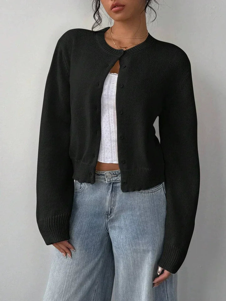Drune | Strickjacke Pullover Weiche Strickware Cropped Fit Knopf Front Rippensaum