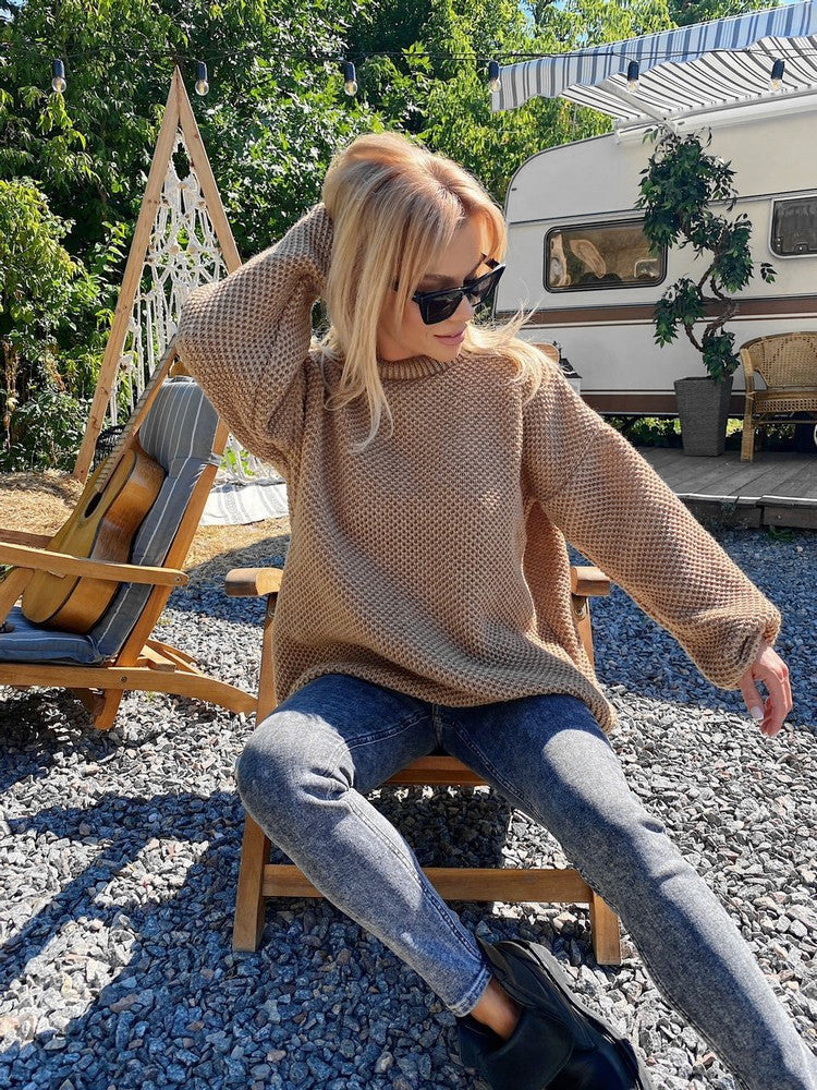 Damen luftiger Strickpullover mit lockerer Passform und voluminösen Ärmeln Drune