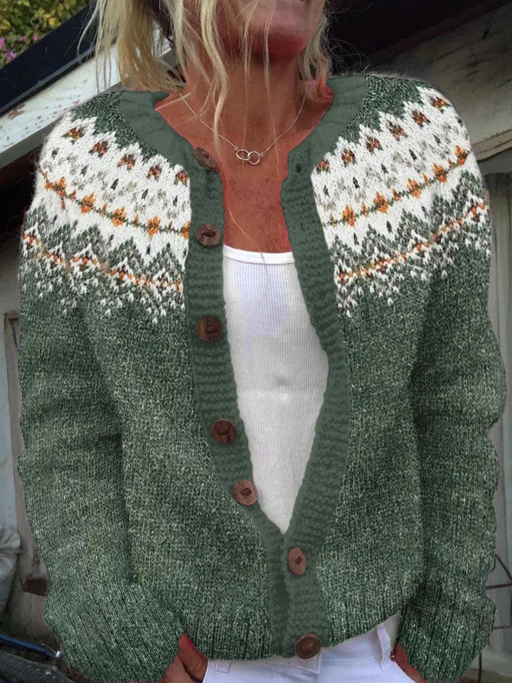 Damen nan gemusterte Strickjacke mit Rundpasse, Holzknöpfen und Eingrifftaschen Drune