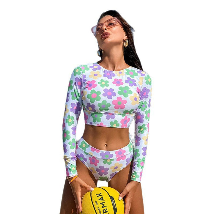 Damen Sportlicher Langarm-Bikini-Top mit hohem Bund Drune