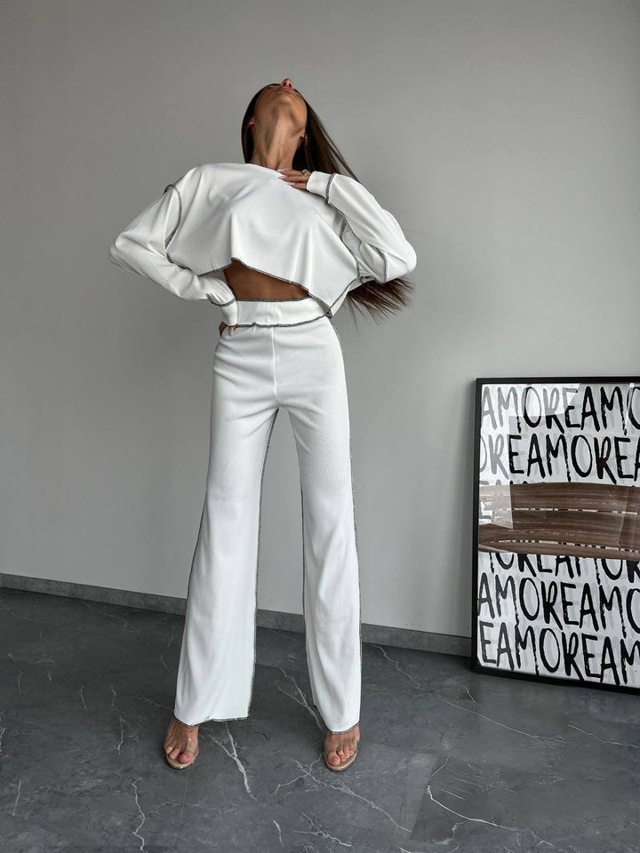 Damen Cropped Oversized-Sweatshirt mit Overlocknähten und High-Waist ausgestellter Hose Set Drune