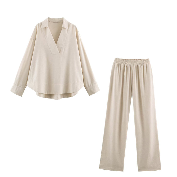 Damen Oversize Leinen-Mix Bluse mit tiefem V-Ausschnitt und Hemdkragen Drune