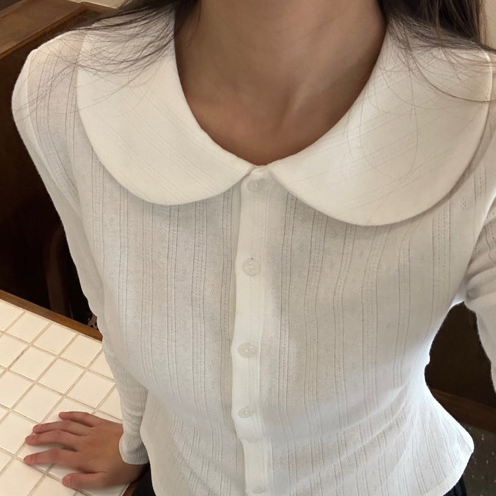 Damen Langarm-Crop-Top mit stilvollem Kragen und Knopfleiste Drune