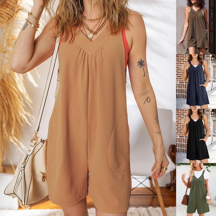 Damen Ärmelloser Waffel-Shorts-Overall mit V‑Ausschnitt und Eingrifftaschen Drune