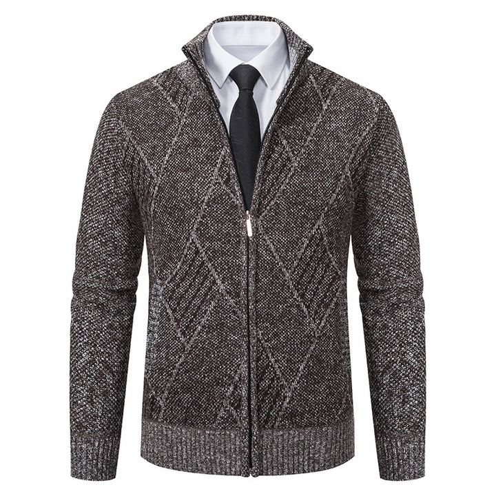 Herren Feinstrick-Zipjacke mit strukturierter Rautenoptik, Stehkragen und durchgehendem Reißverschluss Drune