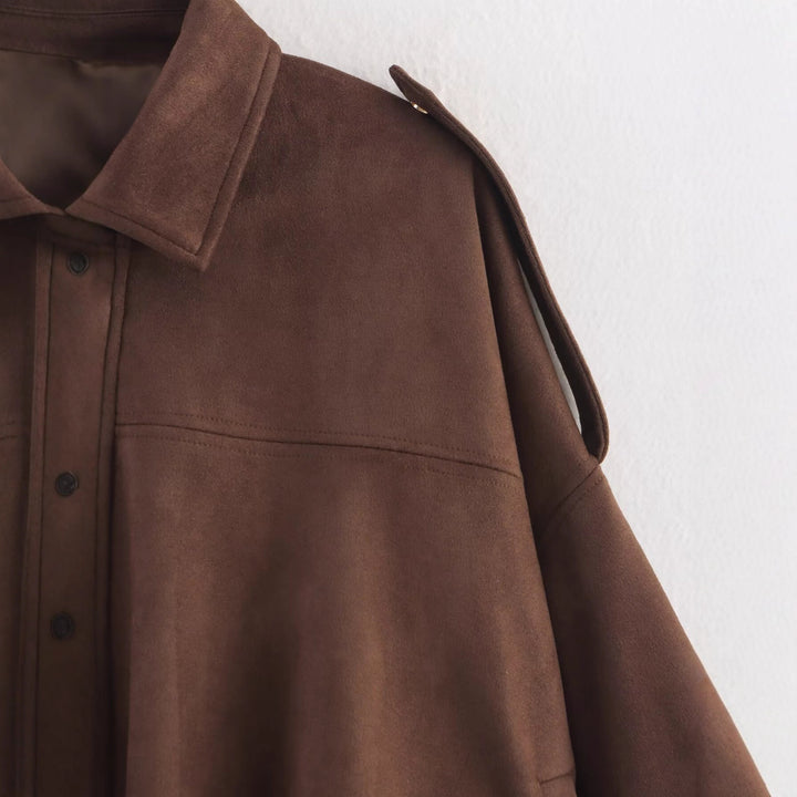 Damen Oversized Cropped Jacke in Wildlederoptik mit Cut-Out-Schultern und Tunnelzugsaum Drune