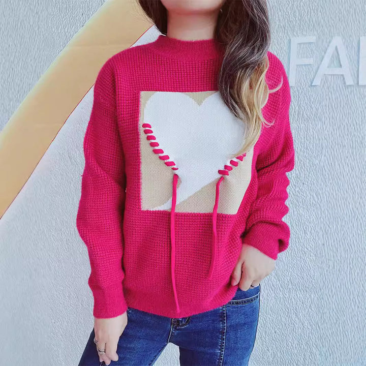 Damen modischer Pullover mit Herzapplikation und rückseitigem Kordelzug Drune
