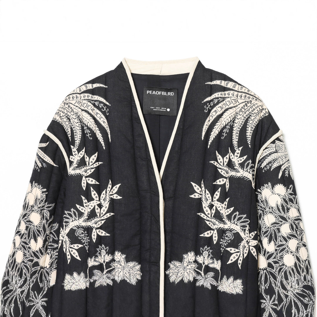 Damen nan kimonoartige gesteppte Jacke mit floraler Stickerei und kontrastpaspel Drune