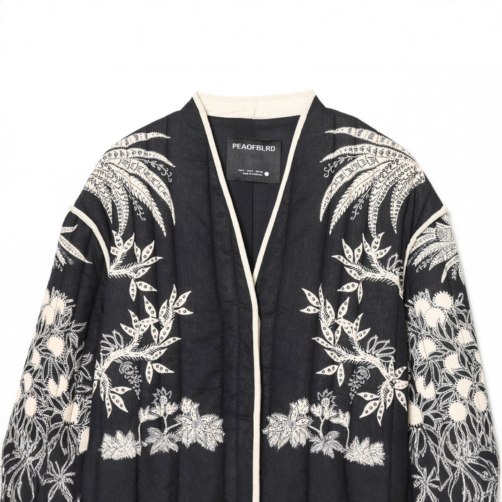 Damen nan kimonoartige gesteppte Jacke mit floraler Stickerei und kontrastpaspel Drune