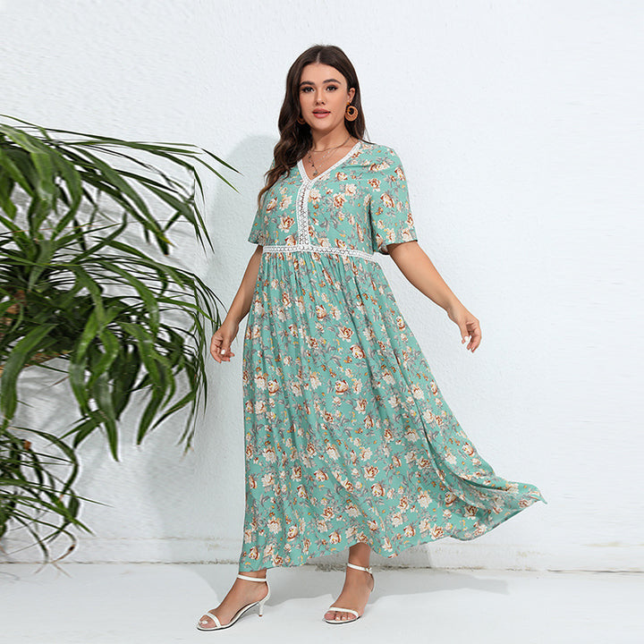 Damen Blumengemustertes Maxikleid mit V-Ausschnitt und gerafftem Design Drune