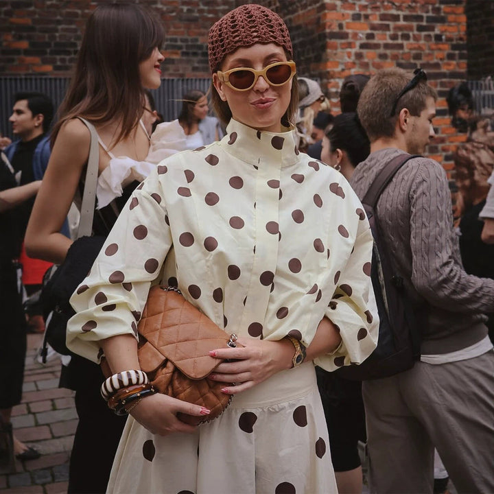 Damen Boxy Hemdjacke mit Stehkragen, Ballonärmeln und großem Polka‑Dot‑Print Drune