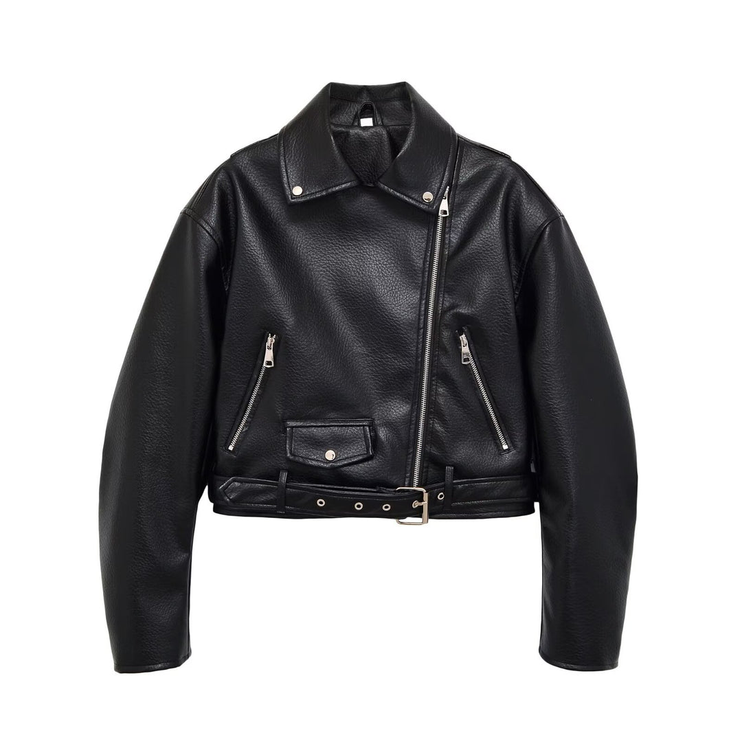 Damen Bikerjacke aus veganem Lederimitat mit asymmetrischem Reißverschluss und Taillengürtel Drune