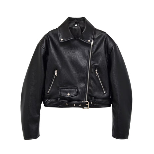 Damen Bikerjacke aus veganem Lederimitat mit asymmetrischem Reißverschluss und Taillengürtel Drune