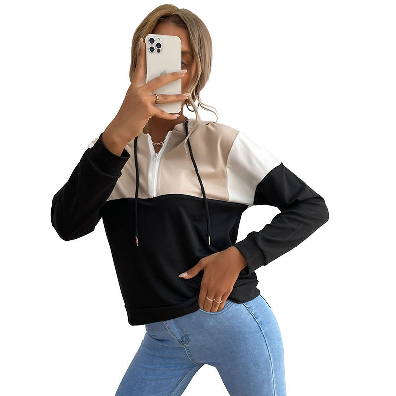 Damen Kapuzenpullover mit halbem Reißverschluss, Colorblock‑Design und Tunnelzug Drune