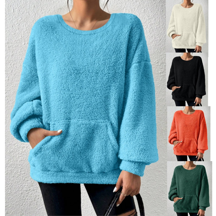 Damen Kuscheliger Oversize-Sherpa-Pullover mit Kängurutasche und Ballonärmeln Drune