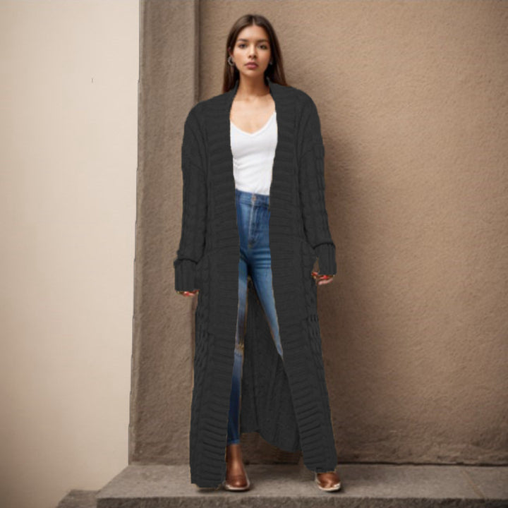 Damen Langer Strickcardigan mit strukturiertem Zopfmuster und praktischen Taschen Drune