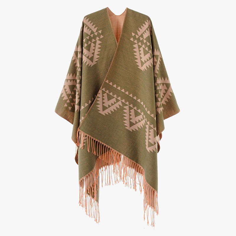 Damen Grobgewebter Jacquard-Umhang im Oversize mit Zipfelsaum und Fransensaum Drune