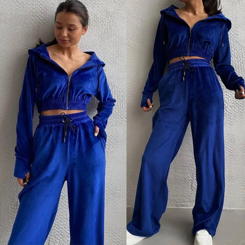 Damen Samt-Loungewear-Set mit Cropped Zip-Kapuzenjacke und weiter Palazzohose Drune