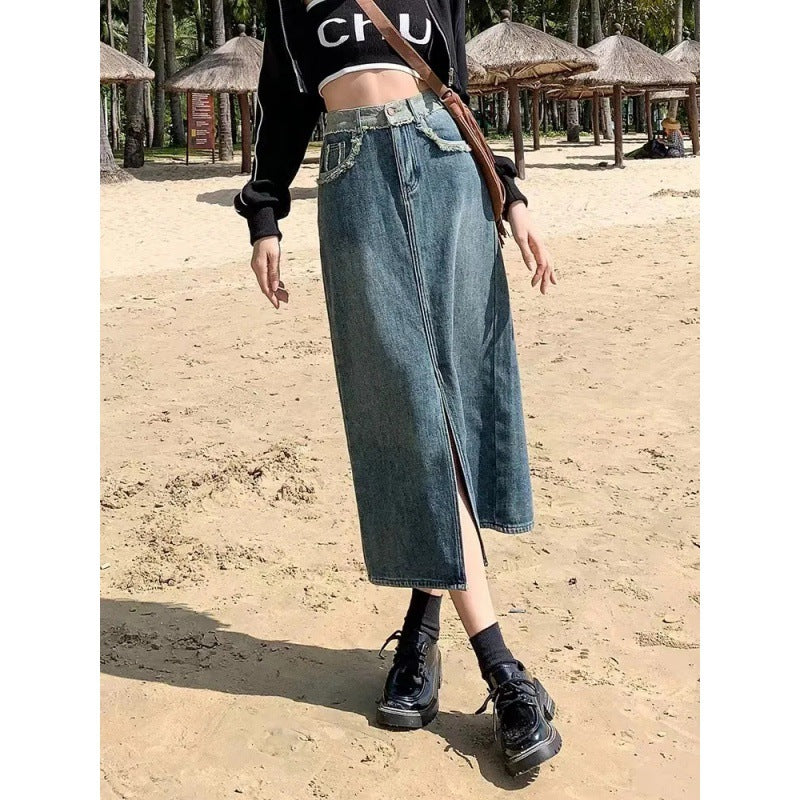 Damen Langer Denim-Rock mit hoher Teilung Drune