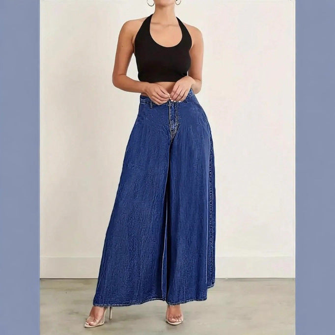 Damen Extraweite High‑Waist Denim‑Palazzohose mit fließendem Tellerfall Drune