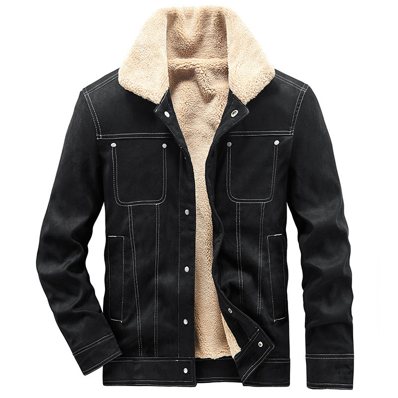 Herren Gefütterte Truckerjacke in Wildlederoptik mit Sherpa-Kragen Drune