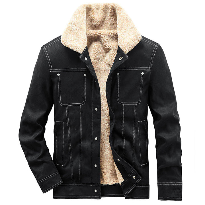 Herren Gefütterte Truckerjacke in Wildlederoptik mit Sherpa-Kragen Drune