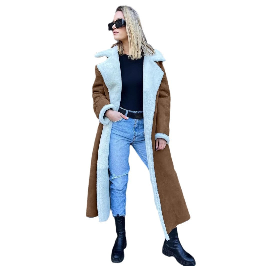 Damen Langer Fleece-Mantel mit Umlegekragen Drune
