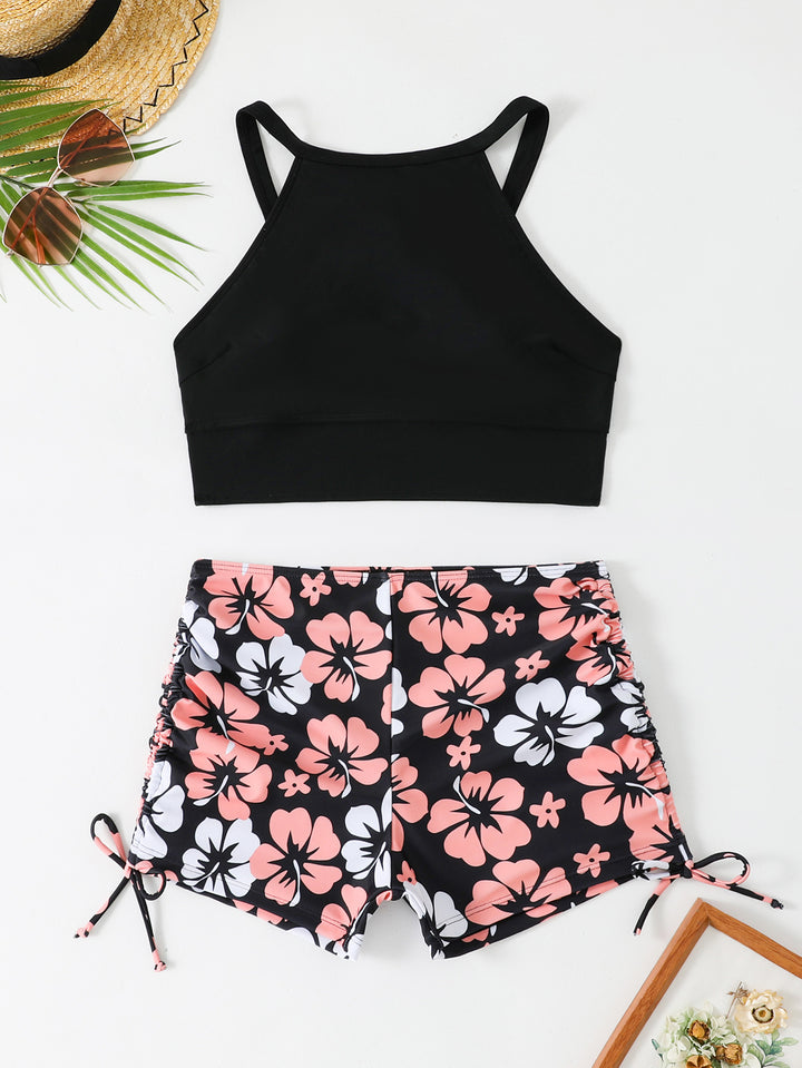 Damen Sportliches Bikini-Set mit floralem Oberteil und Shorts Drune