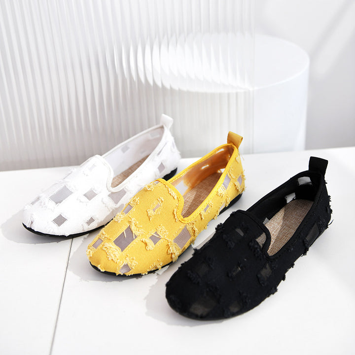 Damen nan lässiger Slipper mit Netz-Einsätzen und ausgefransten Jeansdetails Drune