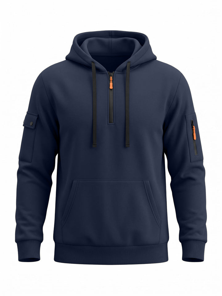 Herren Kapuzenpullover mit halbem Reißverschluss und Utility-Ärmeltasche Drune