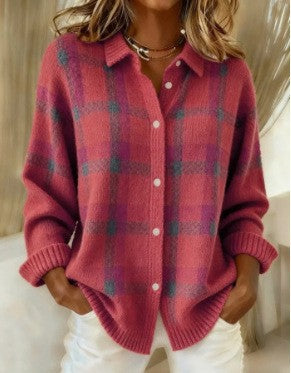 Damen Kariertes Strick-Hemdjacke-Cardigan mit Hemdkragen und gerippten Bündchen Drune