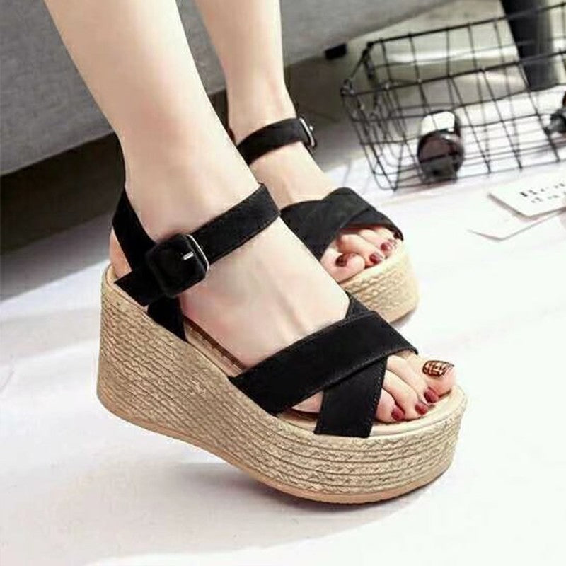 Damen Plateau-Sandalen mit modischen Kreuzriemen und stabilem Korkabsatz Drune