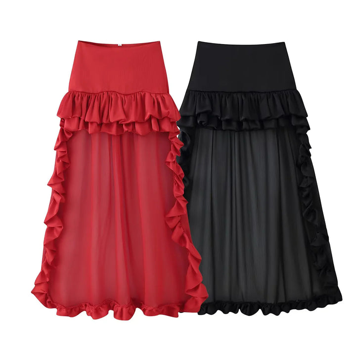 Damen nan Maxirock mit hoher Taille, mehrlagigen Volants und transparentem Tüll-Overlay Drune
