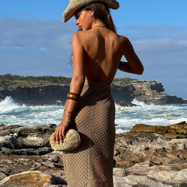 Damen Häkel-Strandkleid mit V-Ausschnitt und feinem Netzdesign Drune