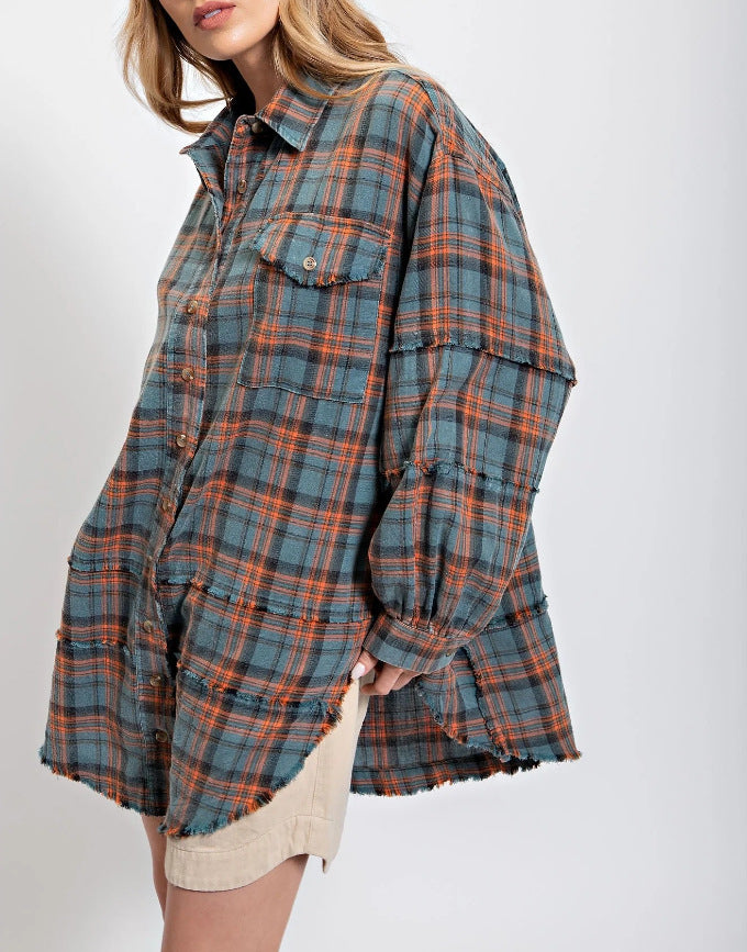 Damen nan oversized Karo-Überhemd mit Fransenbesatz, Brusttaschen und lockerer Passform Drune