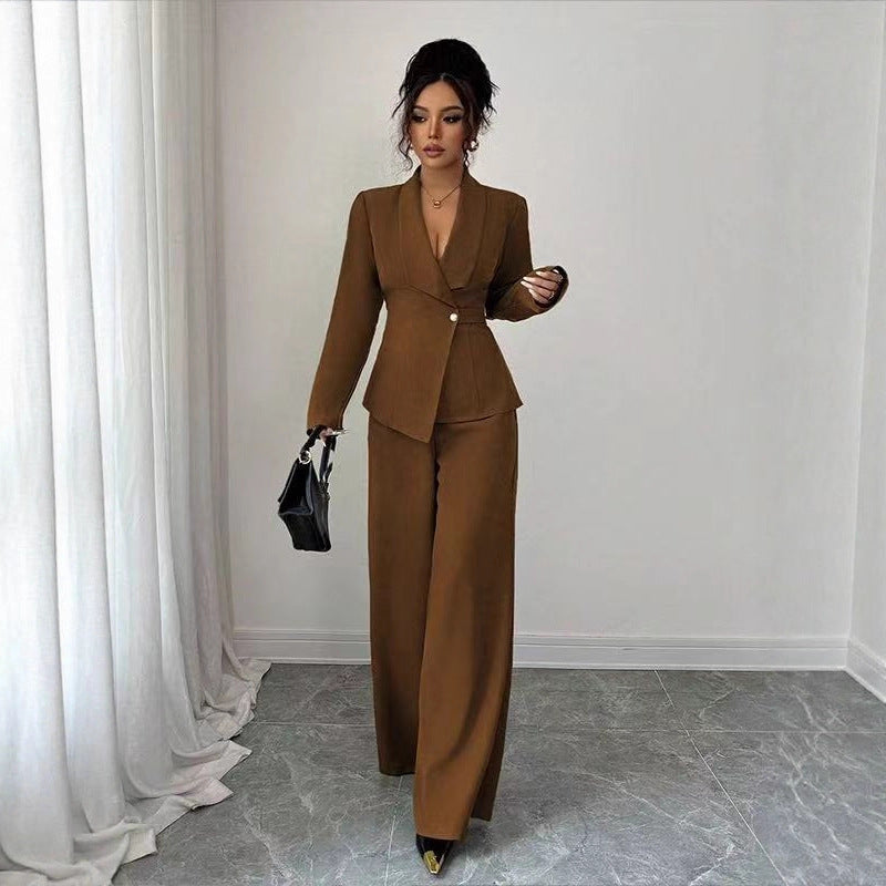 Damen tailliertes Hosenanzug-Set mit asymmetrischem Blazer und weitem Bein Drune