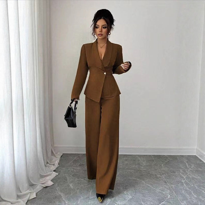 Damen tailliertes Hosenanzug-Set mit asymmetrischem Blazer und weitem Bein Drune