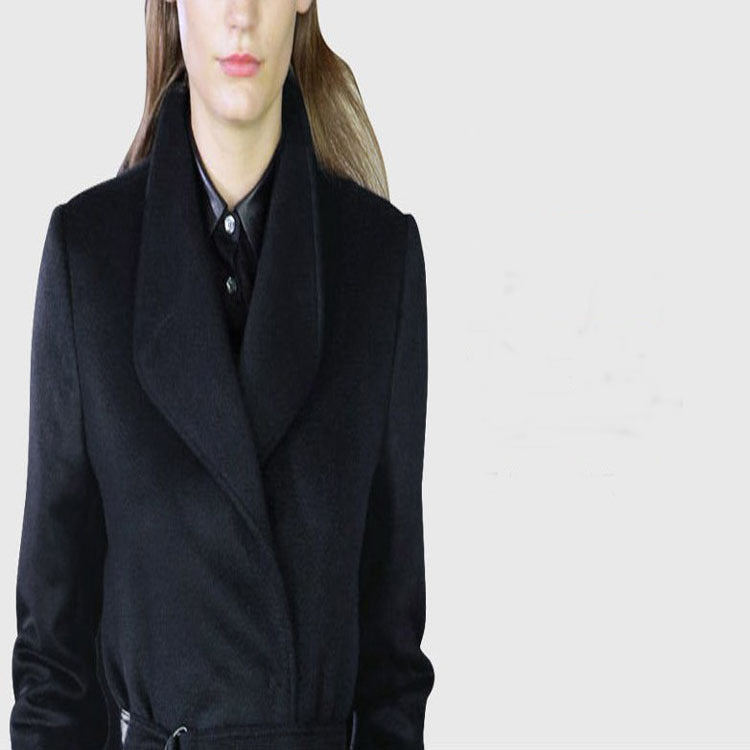 Damen Maxilanger taillierter Wickel-Longcoat mit Schalkragen und feinem Bindegürtel Drune