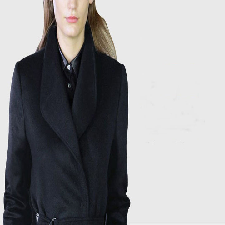 Damen Maxilanger taillierter Wickel-Longcoat mit Schalkragen und feinem Bindegürtel Drune