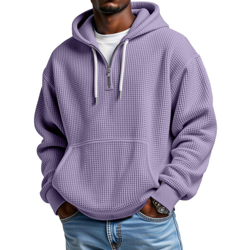 Herren Waffelstrick Halfzip-Kapuzenpullover mit Kängurutasche Drune