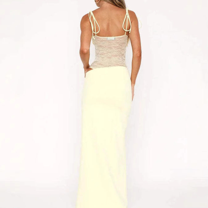 Damen nan elegantes Maxikleid mit transparentem Spitzenmieder Bandeau-Oberteil und Bindeträgern Drune