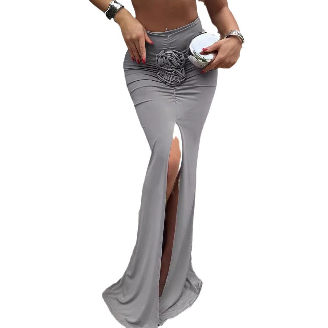 Damen Maxi-Rock mit elegantem Schlitz und floralem Rüschenapplikation Drune