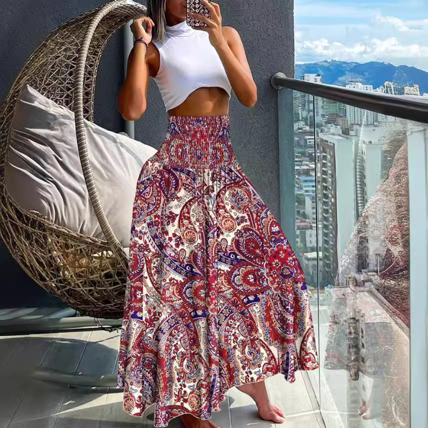 Damen nan Maxirock mit hoher Smok-Taillenpartie und fließender Boho-Faltenoptik Drune