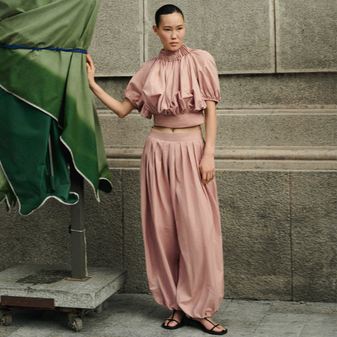 Damen Crop-Top mit voluminösen Puffärmeln und Taillenbetonung Drune